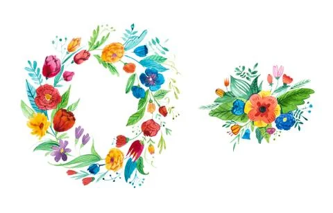 Aquarelle drawing of bright rustic coronet of garden flowers hand-drawn Illustrazione stock
