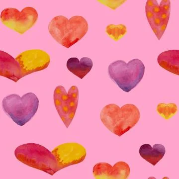 Aquarelle hand made pattern with hearts. Valentine's day, Birthday, Love Stock Illustration