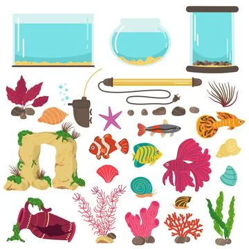 Aquarium elements. Interior decor, glass water containers for color little Stock Illustration