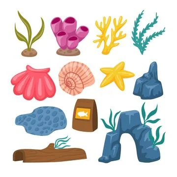 Aquarium elements set collection, Cartoon aquarium fish, food, decoration, .. 库存插图