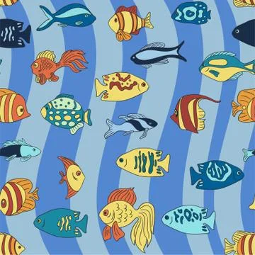 Aquarium fish on the blue waves pattern Illustrazione stock