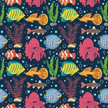 Aquarium fish seamless pattern. Different breeds colorful little fishes Stock Illustration
