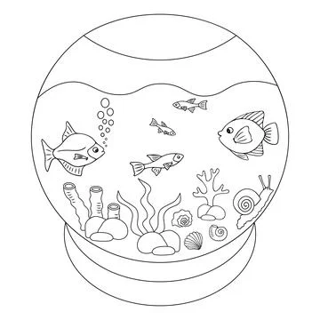 Aquarium with pets decorated with algae, shells and coral in doodle style Illustrazione stock