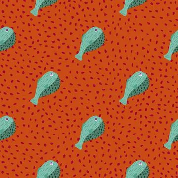 Aquarium seamless wild pattern with blue colored puffer fish ornament. Red do Stock Illustration