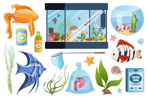 Aquarium set graphic elements in flat design. Bundle of exotic or tropical fi Stock Illustration