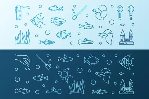 Aquarium vector colored horizontal banners in linear style Stock Illustration