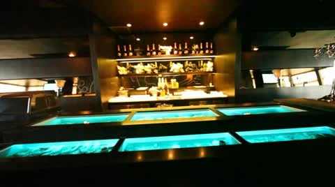 Aquariums with oysters are built in bar counter Stock Footage