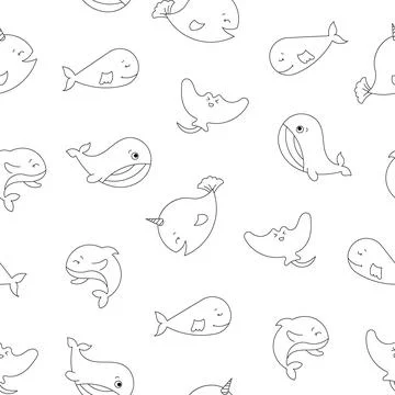 Aquatic animals. Seamless pattern. Coloring Page. Stock Illustration