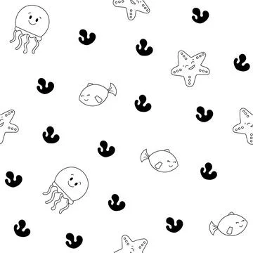 Aquatic animals. Seamless pattern. Coloring Page. Stock Illustration