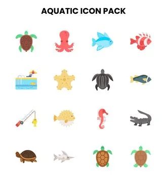 Aquatic Flat Collection Icons Pack Stock Illustration
