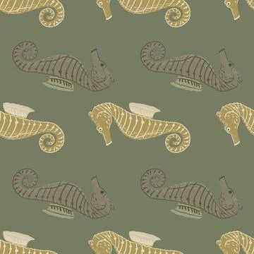 Aquatic pale seamless pattern with beige and rey colored seahorse elements. M Stock Illustration