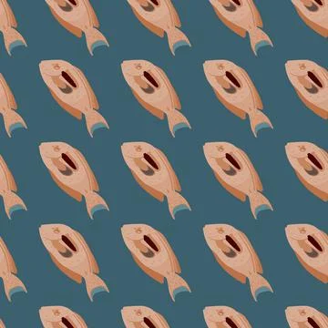 Aquatic seamless pattern with doodle simple beige surgeon fish shapes. Navy b Illustrazione stock
