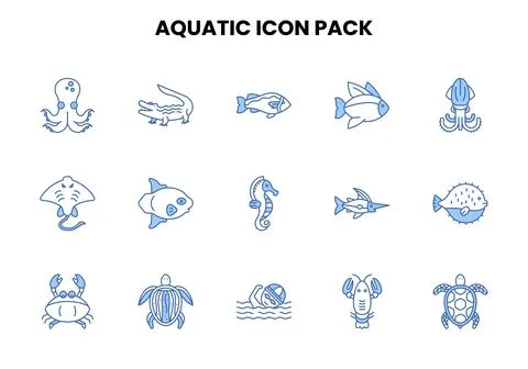Aquatic Two Color Blue Set Icons Pack Stock Illustration