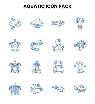 Aquatic Two Color Blue Vector Icons Pack Stock Illustration