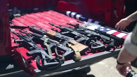 AR-15 Style Rifles in bed of truck B roll gun safety rights 2nd amendment Stock Footage 200780891