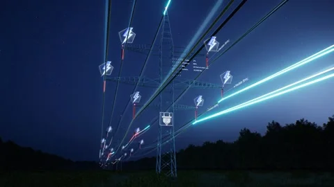 AR data of energy travelling through power pole wires over night sky Video stock 320723854