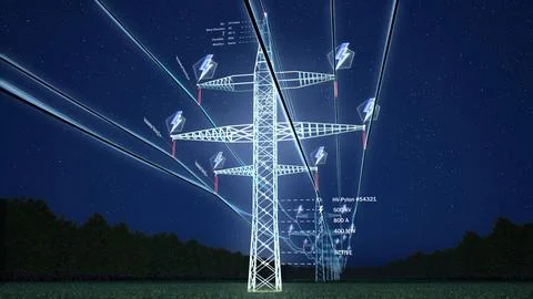 AR data visualization of energy flowing through overhead power lines 스톡 사진