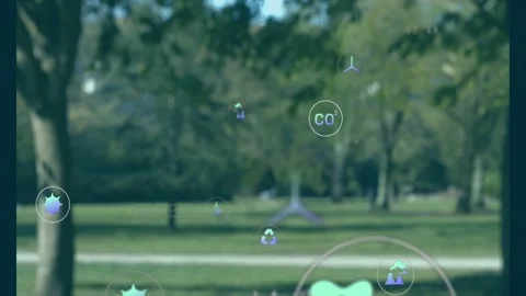 AR elements from frame5 appearing over park monitoring eco metrics: droplet, Stock Footage 331756355