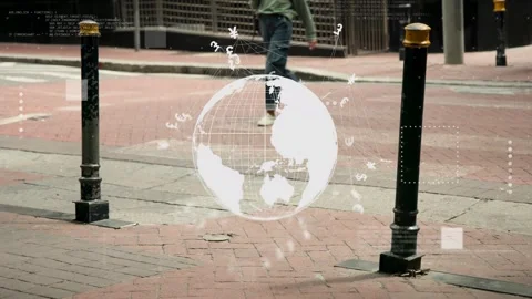 AR globe appearing on brick sidewalk, starting rotating tech UI showing data, Stock Footage 333950166