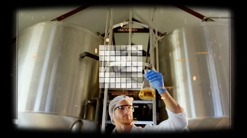 AR HUD appearing, technician lifting flask in brewery, aligning sample with grid Stock Footage 334034545