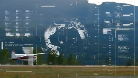 AR interface fading in rotating globe and data panels, airplane lifting off Stock Footage 327902315