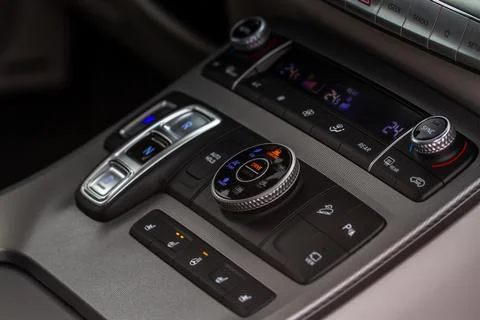 ?ar interior, offroad drive controller closeup view. Wheel drive selectiob. F Stock Photos