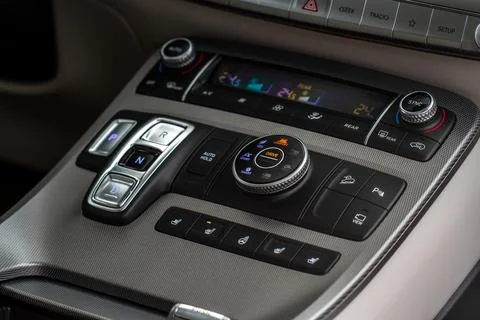 ?ar interior, offroad drive controller closeup view. Wheel drive selectiob. F Stock Photos