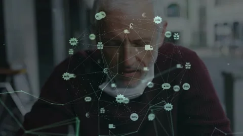 AR network brightening drawing man forward, inspecting laptop, analyzing Stock Footage 333733843