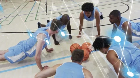 AR nodes fading in overlaying six male players doing pushups around three Stock Footage 334203834