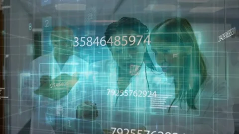 AR overlay appearing lab team viewing tablet, detecting MALWARE DETECTED Stock Footage 330653209