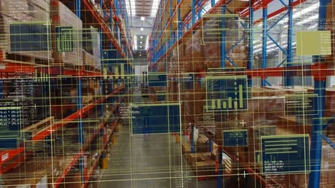 AR overlay appearing, panels floating and updating as worker walking down aisle Stock Footage 340674670