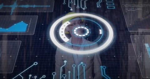 AR overlay pulsing rotating starting face recognition while helmeted engineer Stock Footage 317593662