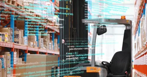 AR overlay scanning code starting forklift driving lifting load reversing Stock Footage 317206363