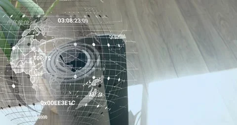 AR sphere appearing around rolled yoga mat, rotating, showing time code data for Video stock 318739298