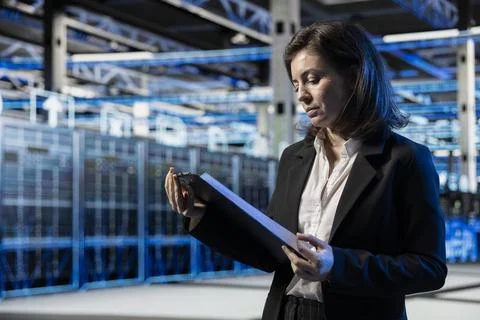 AR wireframe mesh mapping, benchmarks results and manager in server farm Stock Photos
