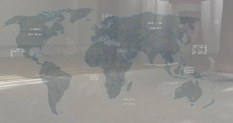 AR world map overlay intensifying with data icons, guiding woman lowering foot Vidéo 318626661