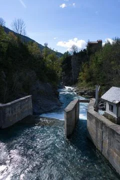 The Ara river as it passes through the town of Torla, in the Aragonese Pyrene Stock Photos