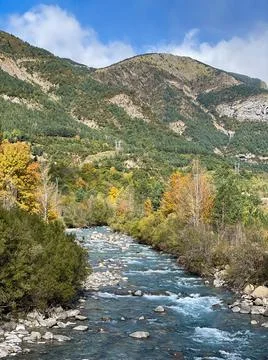 The Ara river as it passes through the town of Torla, in the Aragonese Pyrene Stock Photos