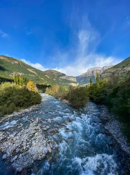 The Ara river as it passes through the town of Torla, in the Aragonese Pyrene Stock Photos