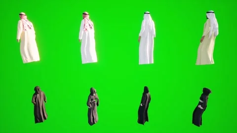 Arab 3D animation of Arab men and women standing on a green screen. Chromaki Vidéo 252661933