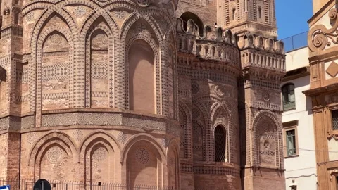 Arab and Gothic Facade of Catholic Cathedral in Sicily 4K Stock Footage 316835955