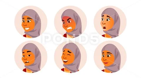 Arab Avatar Woman . Facial Emotions. Traditional Clothes.Islamic. Hijab. Arab Stock Illustration