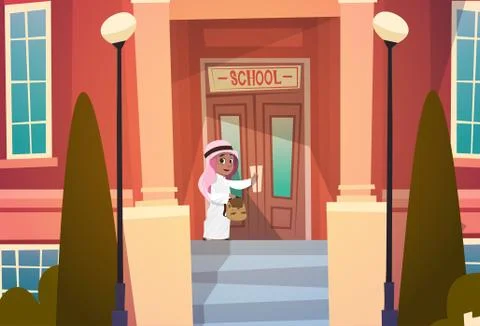 Arab Boy Opening School Door Muslim Pupil Go To Classroom In Autumn Stock Illustration