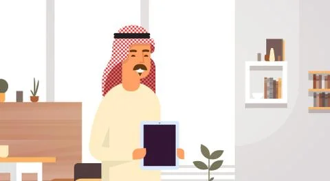 Arab Business Man Holding Empty Tablet Computer Entrepreneur In Modern Office Stock Illustration