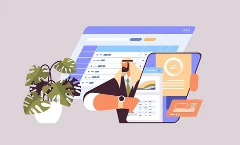 Arab businessman analyzing data on tablet pc screen working process concept イラスト素材