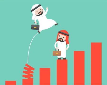 Arab Businessman jumping from spring chart, shortcut key to success competiti Stock Illustration