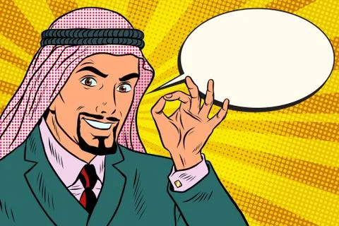 Arab businessman OK gesture, comic book bubble Illustration