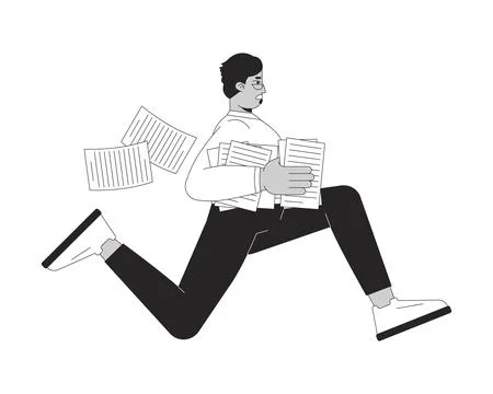 Arab businessman running with papers stack in hand bw 2D line character Stock Illustration