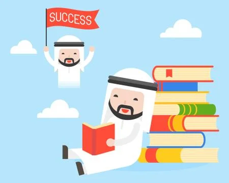 Arab businessman sit at stack of books, read a book and dreaming about succes Stockillustratie