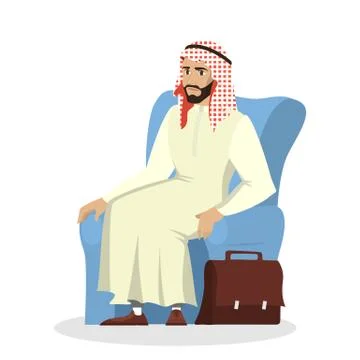 Arab businessman sitting in national clothes with briefcase Stock Illustration
